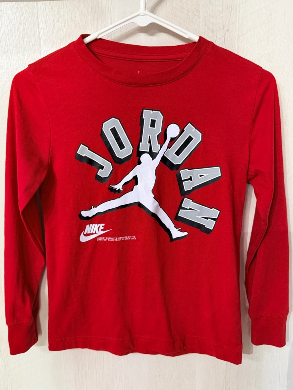 Jordan Red Long-Sleeve Tee with White Jumpman and Gray Lettering